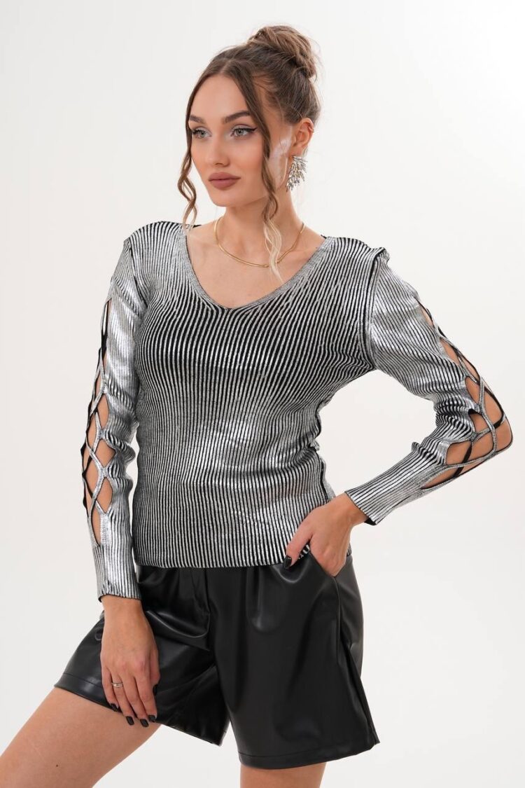Silver Striped Slim Fit Sweater With V-Neck