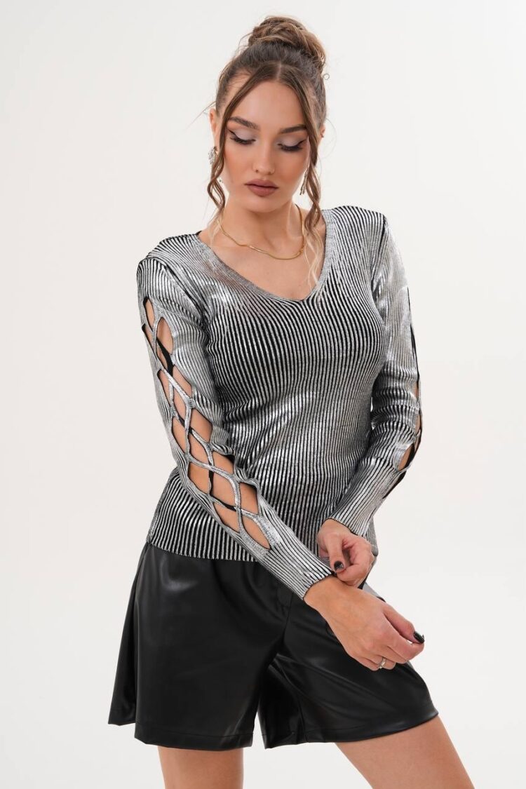 Silver Striped Slim Fit Sweater With V-Neck