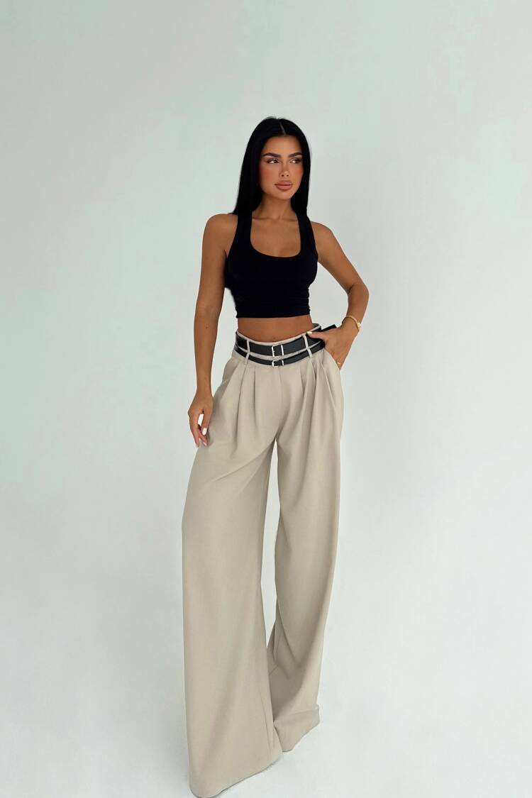 Beige Palazzo Pants High Waist Wide Leg - Brand: EYYO ATELIER - Women & Kids, Baby Clothes Wholesale - Globality Store