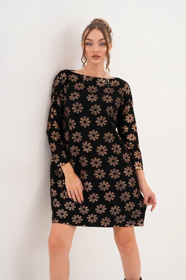 Black Floral Shift Dress With Boat Neck