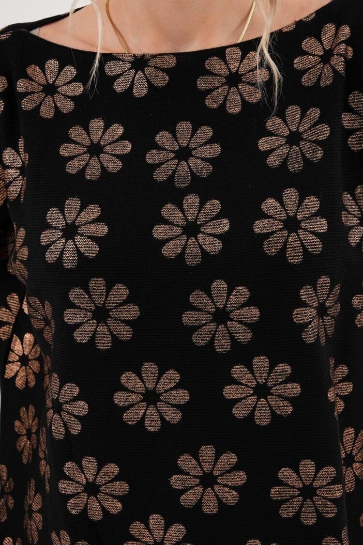 Black Floral Shift Dress With Boat Neck