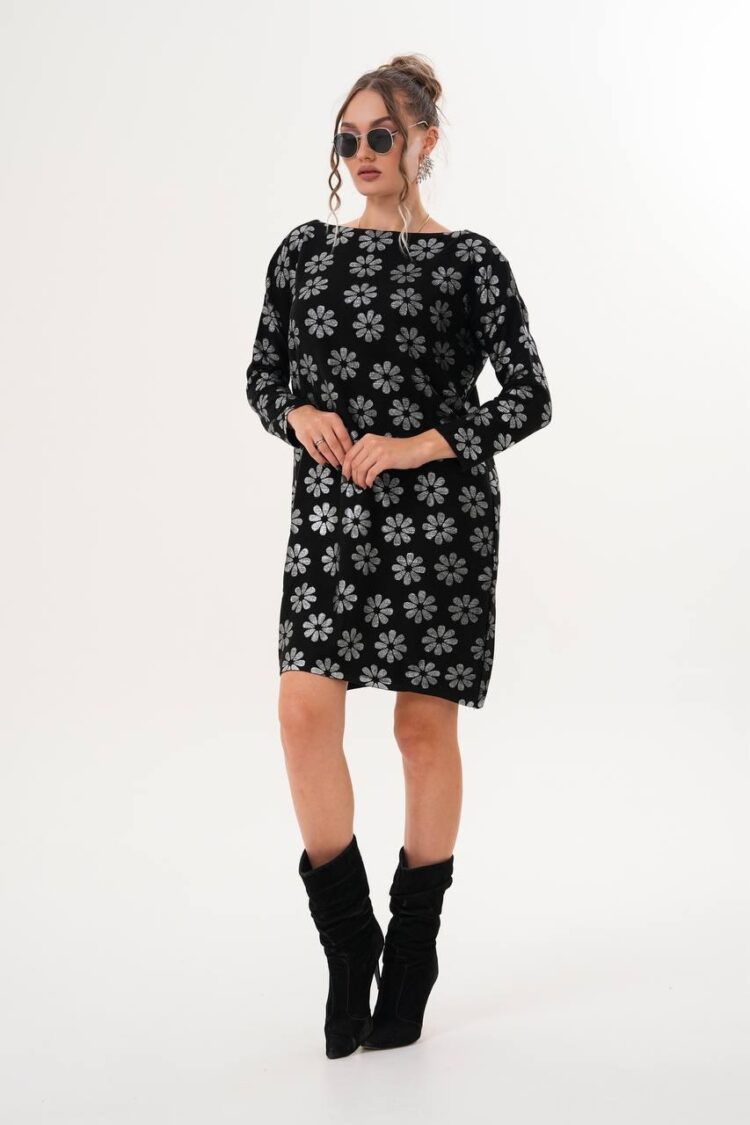 Black Floral Shift Dress With Long Sleeves