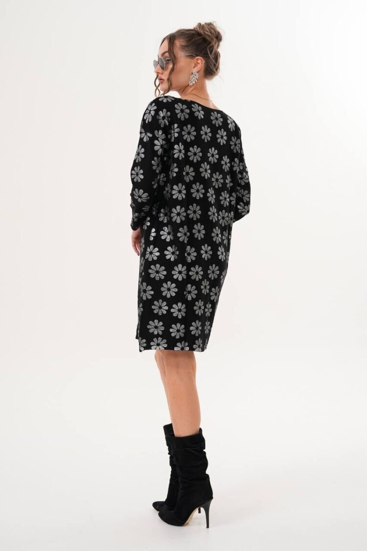 Black Floral Shift Dress With Long Sleeves
