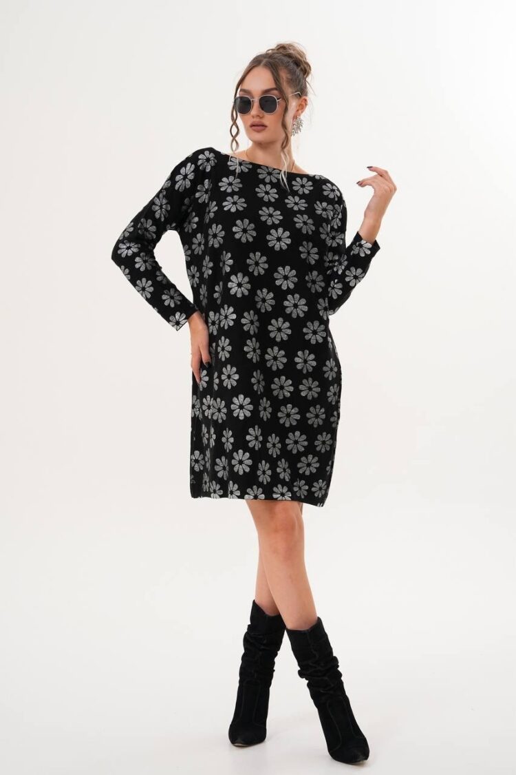 Black Floral Shift Dress With Long Sleeves