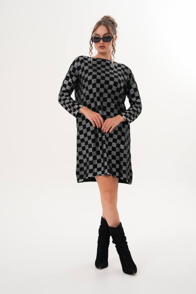 Black Checkered Shift Dress With Long Sleeves