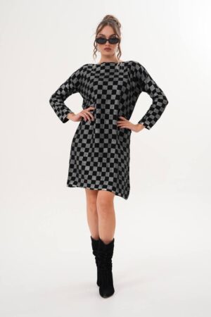 Black Checkered Shift Dress With Long Sleeves - Brand: My Jest Fashion - Women & Kids, Baby Clothes Wholesale - Globality Store