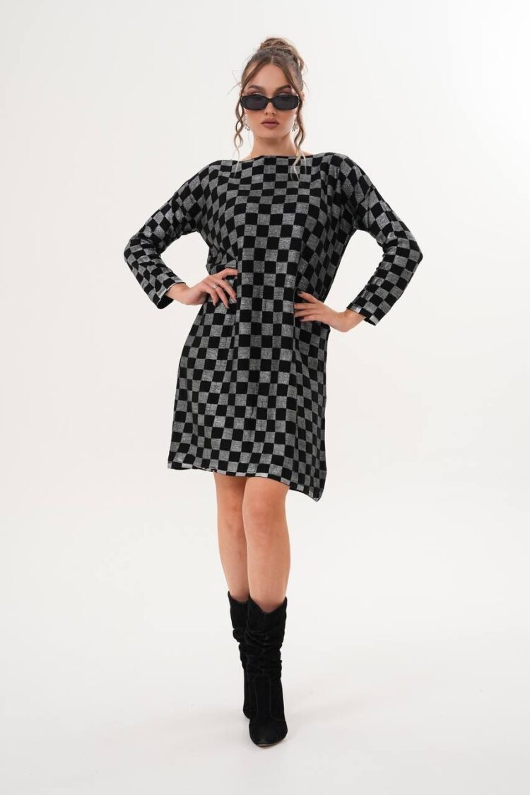Black Checkered Shift Dress With Long Sleeves