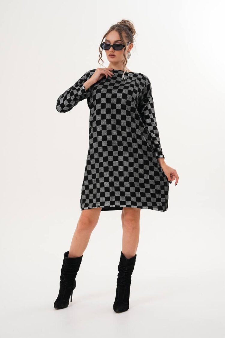 Black Checkered Shift Dress With Long Sleeves - Brand: My Jest Fashion - Women & Kids, Baby Clothes Wholesale - Globality Store
