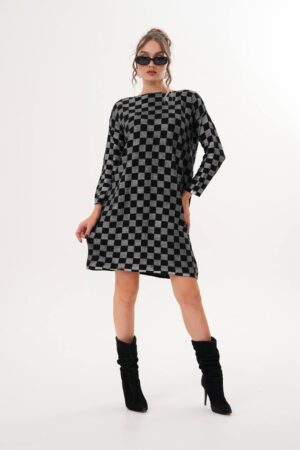 Black Checkered Shift Dress With Long Sleeves - Brand: My Jest Fashion - Women & Kids, Baby Clothes Wholesale - Globality Store