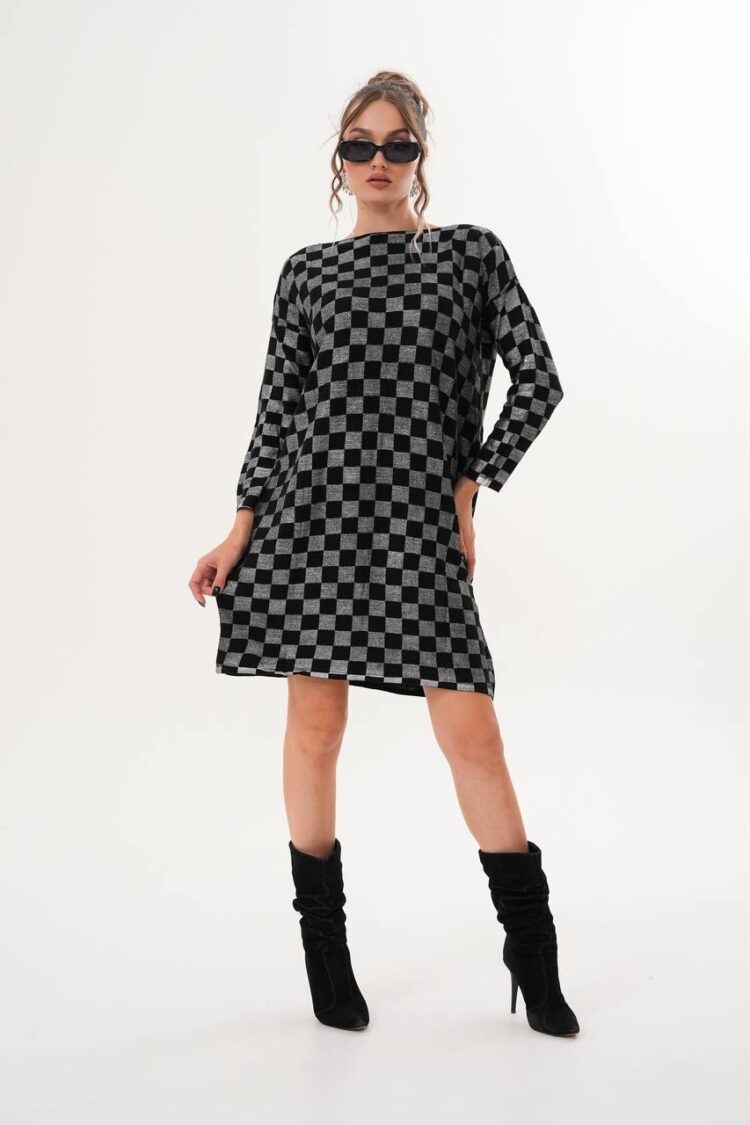 Black Checkered Shift Dress With Long Sleeves