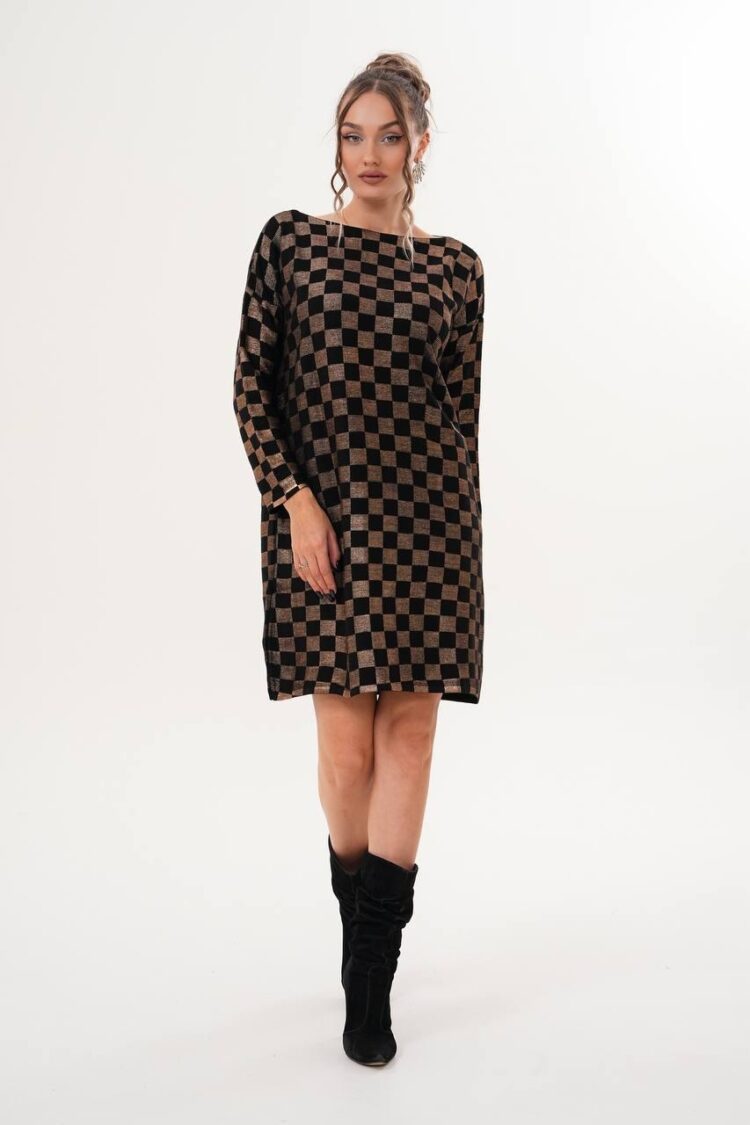 Black Checkered Shift Dress With Long Sleeves