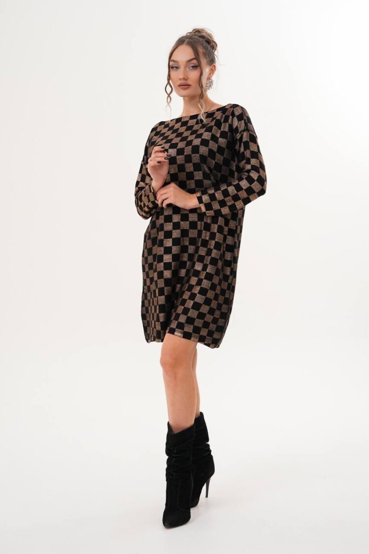 Black Checkered Shift Dress With Long Sleeves