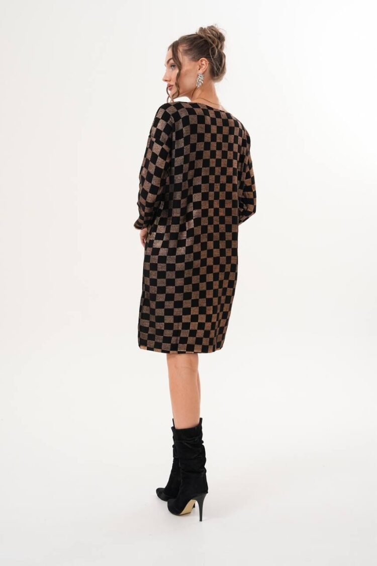 Black Checkered Shift Dress With Long Sleeves