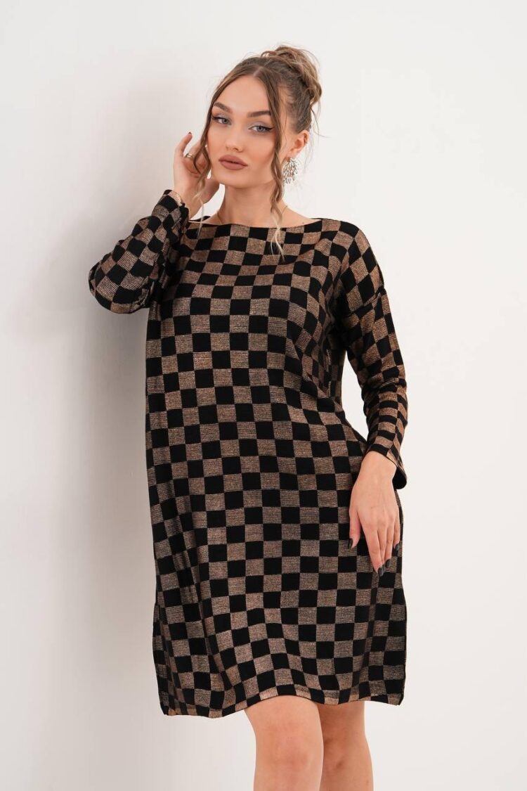 Black Checkered Shift Dress With Long Sleeves