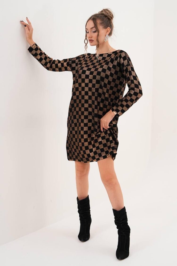 Black Checkered Shift Dress With Long Sleeves