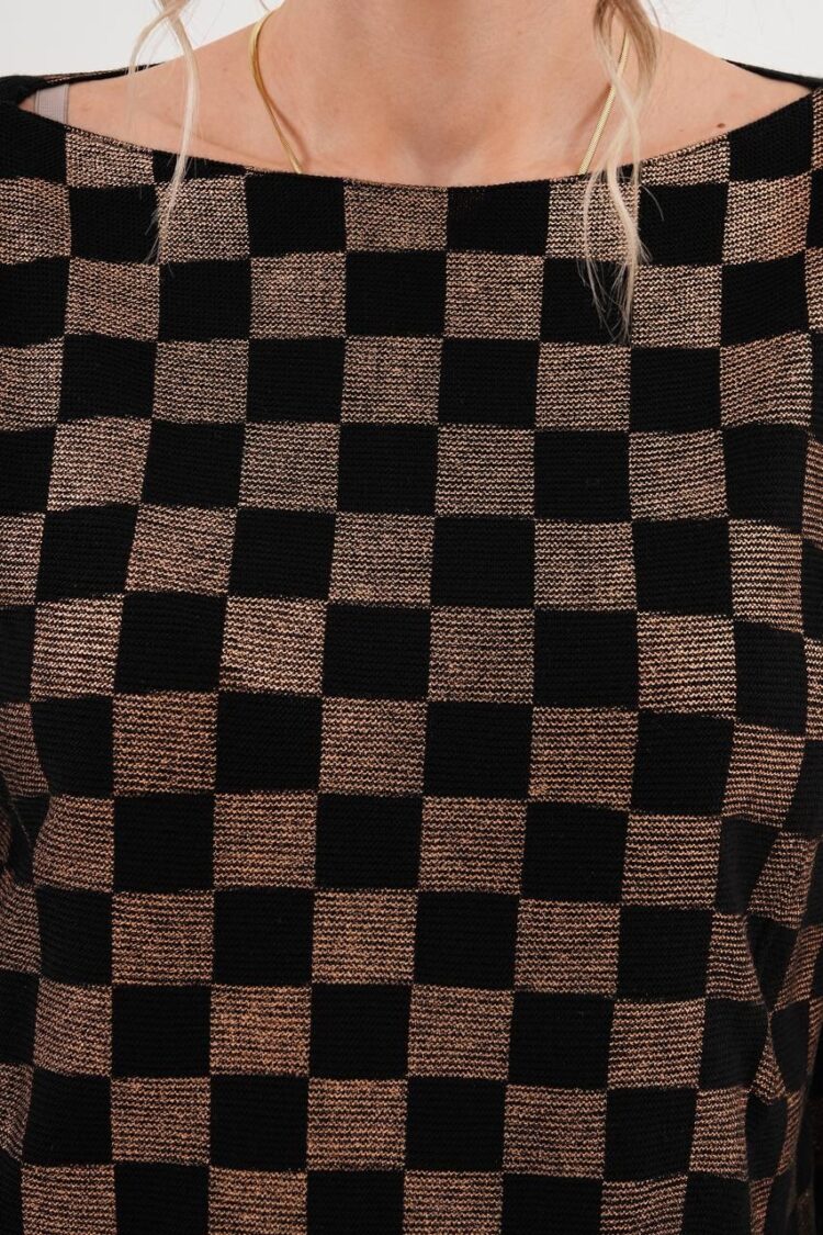 Black Checkered Shift Dress With Long Sleeves