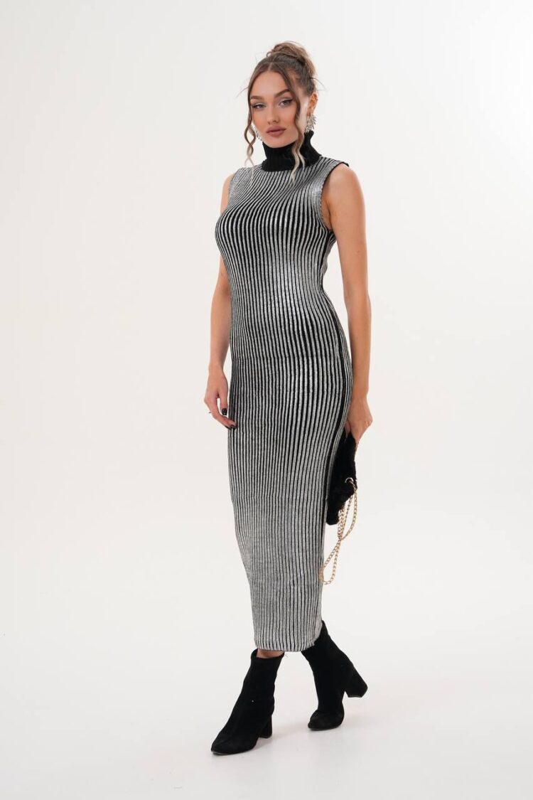 Black Elegant Sheath Dress With Striped Pattern