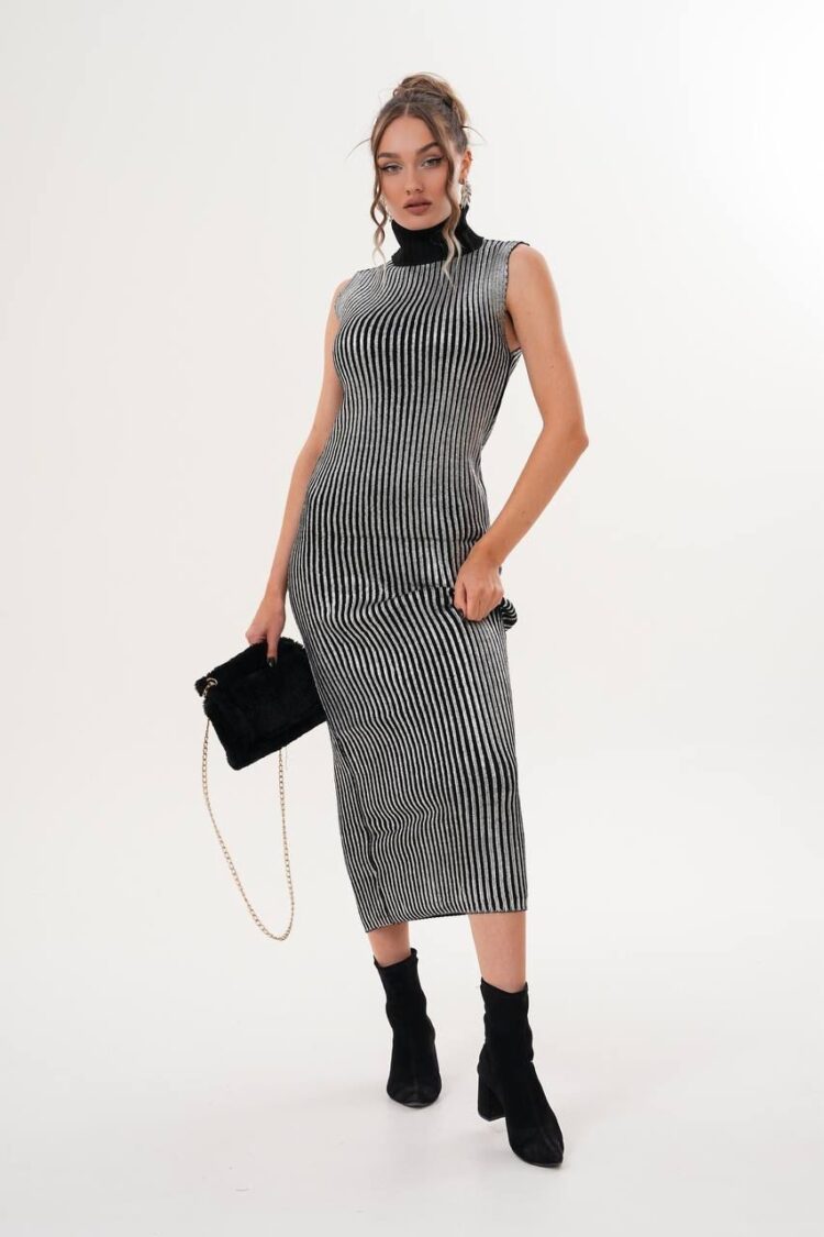 Black Elegant Sheath Dress With Striped Pattern