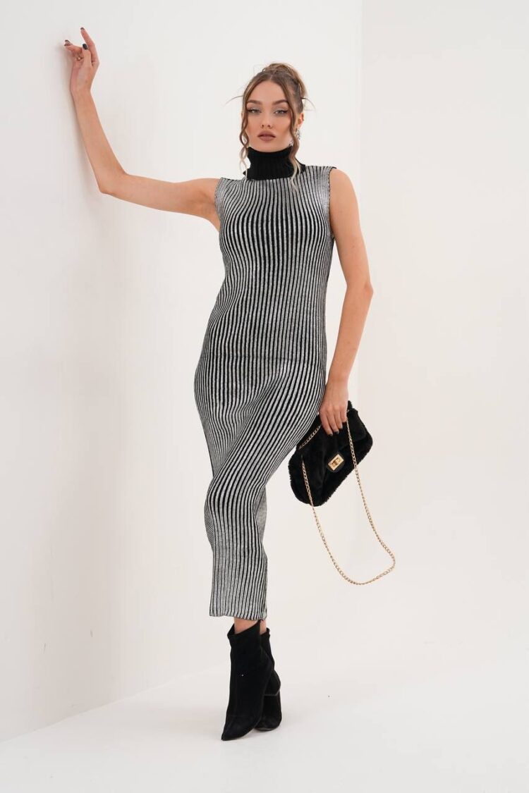 Black Elegant Sheath Dress With Striped Pattern