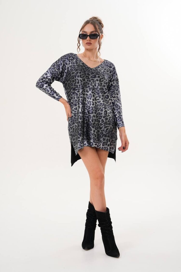 Black Oversized V-Neck Leopard Print Tunic