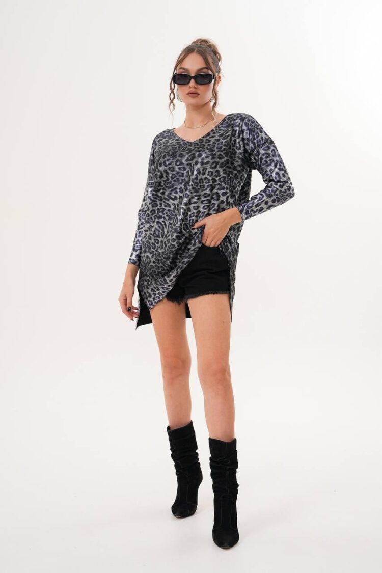 Black Oversized V-Neck Leopard Print Tunic - Brand: My Jest Fashion - Women & Kids, Baby Clothes Wholesale - Globality Store