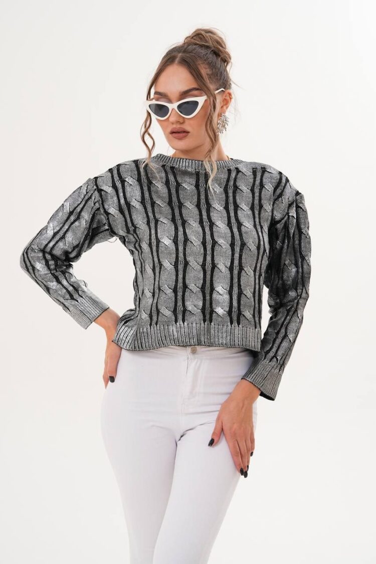 Grey Striped Sweater With Regular Fit & Round Neck