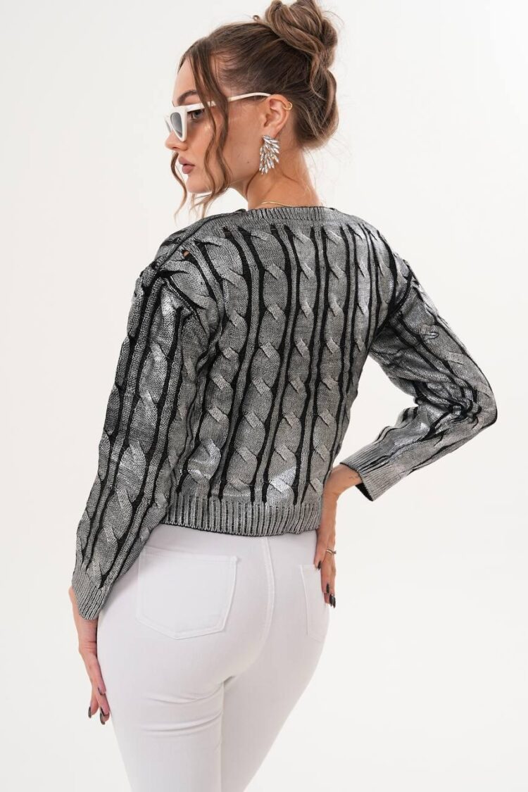 Grey Striped Sweater With Regular Fit & Round Neck