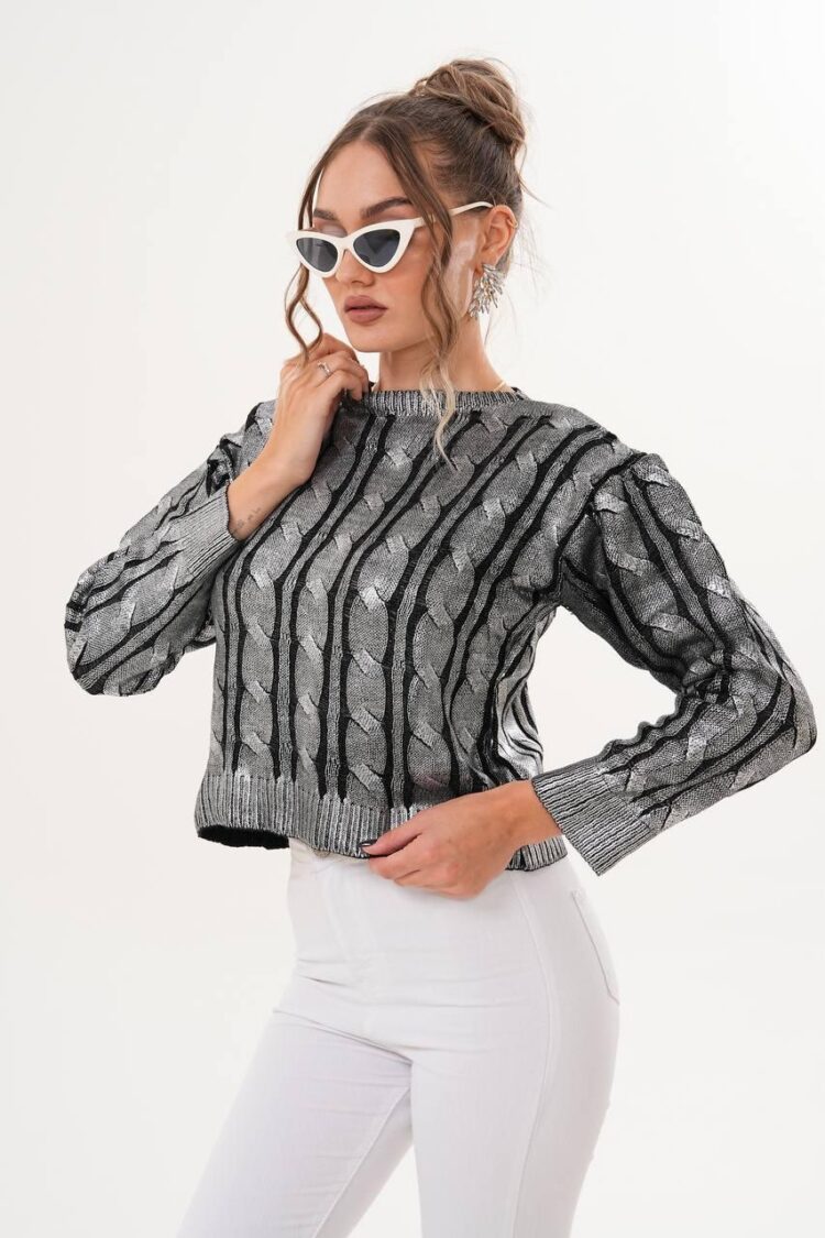 Grey Striped Sweater With Regular Fit & Round Neck