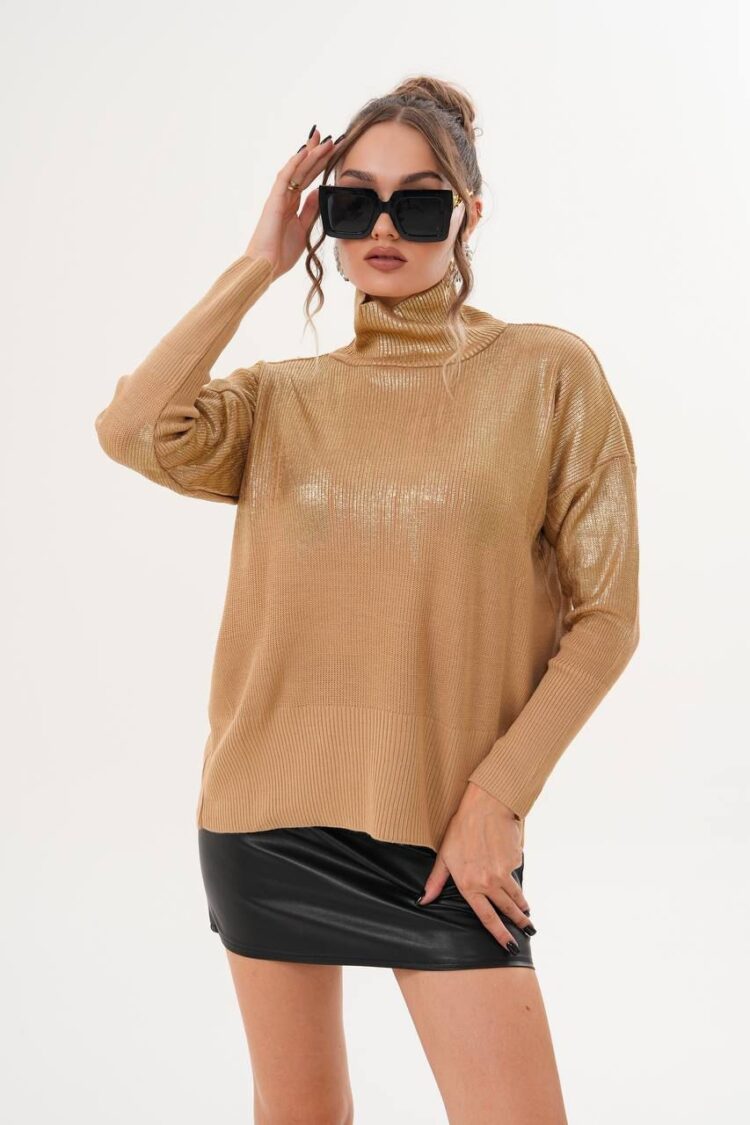 Khaki Sweater With Oversized Fit And Turtle Neck
