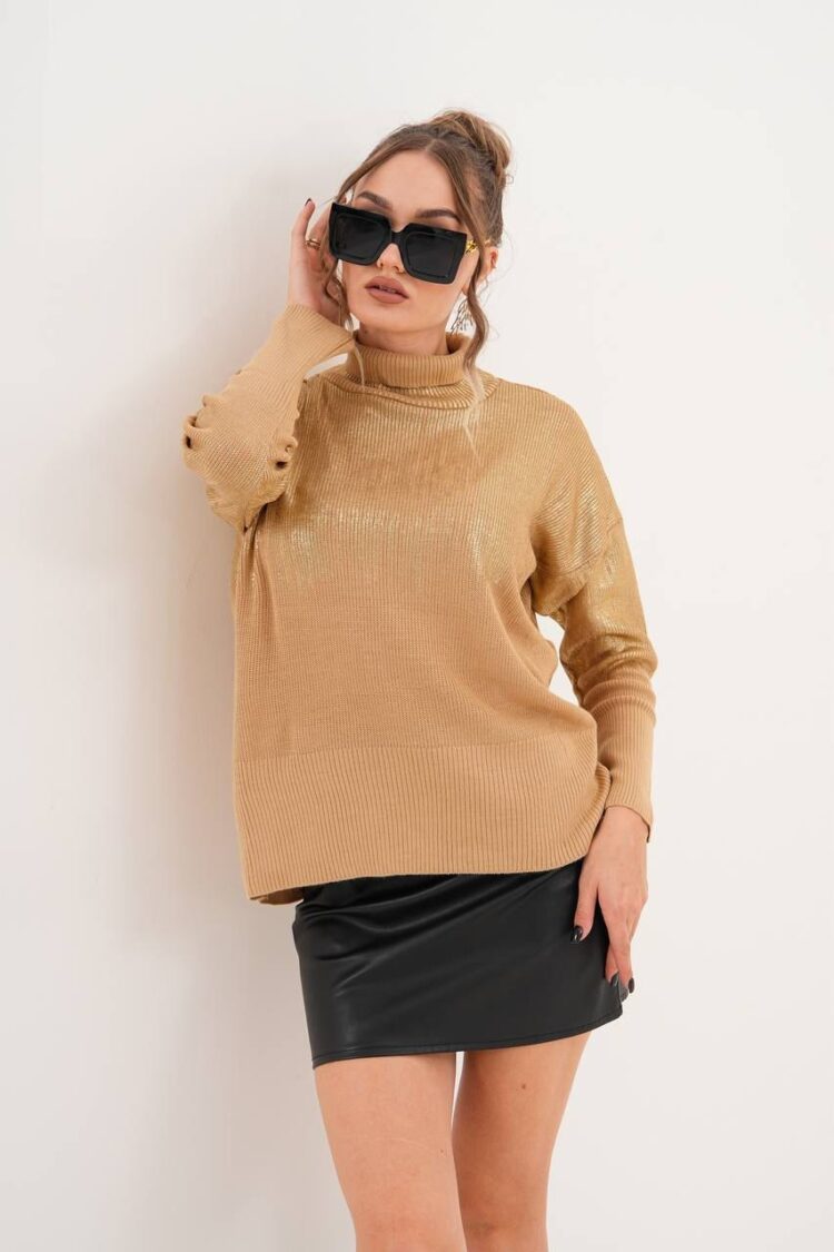 Khaki Sweater With Oversized Fit And Turtle Neck