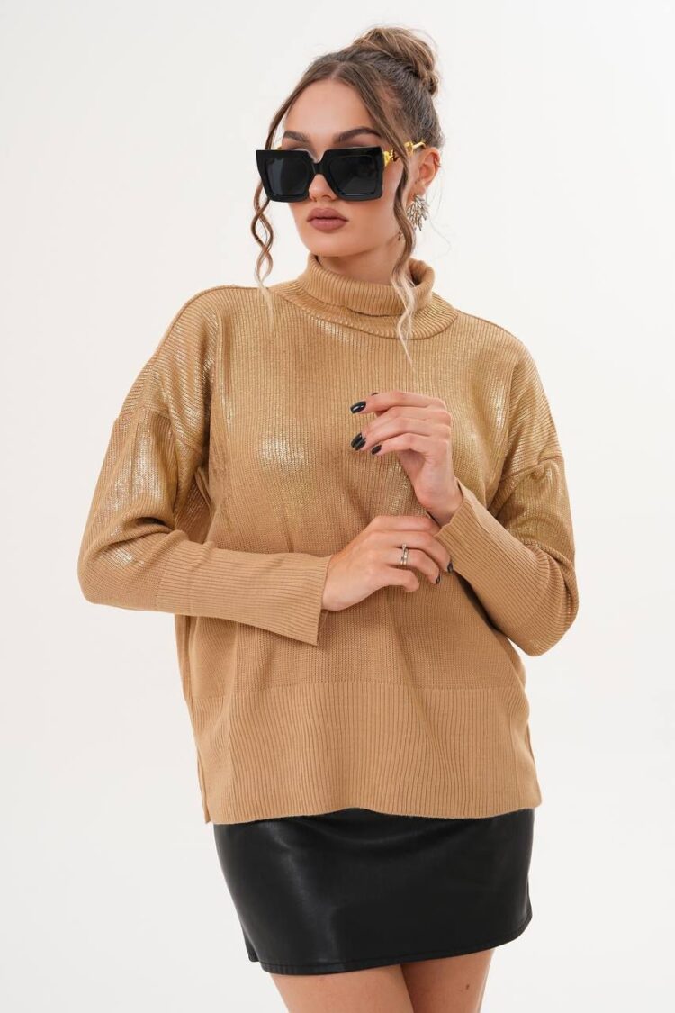 Khaki Sweater With Oversized Fit And Turtle Neck