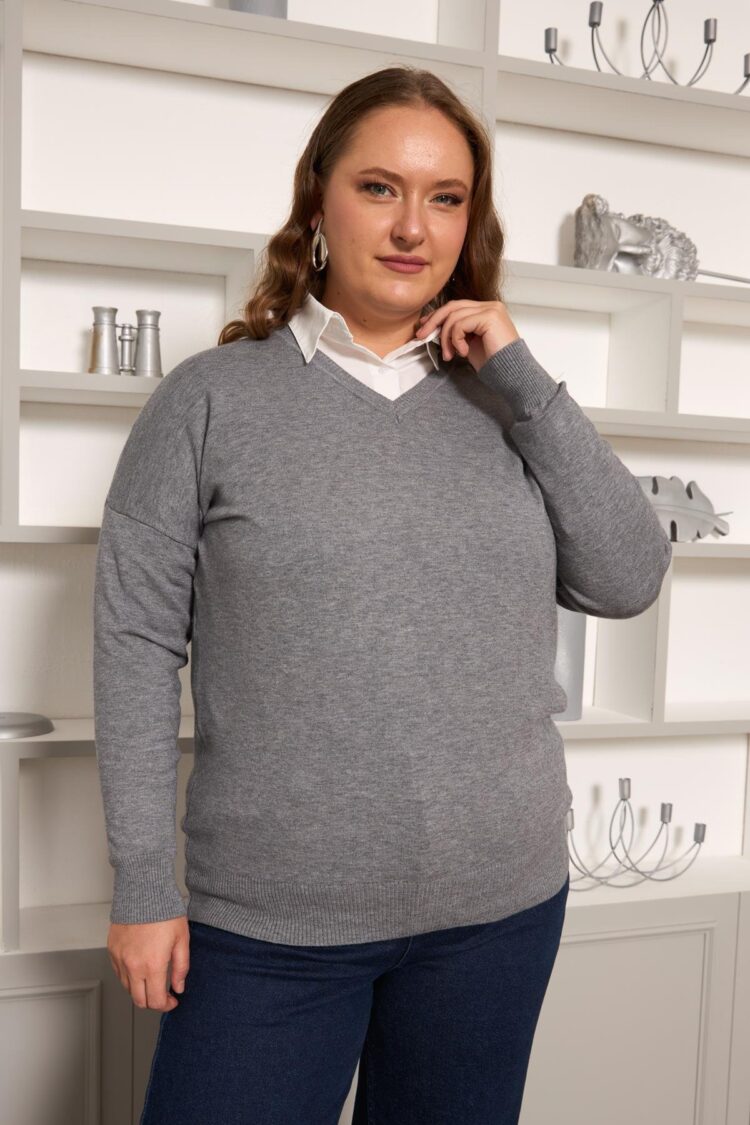 Grey Oversized Fit V-Neck Casual Sweater - Brand: RMG - Women & Kids, Baby Clothes Wholesale - Globality Store
