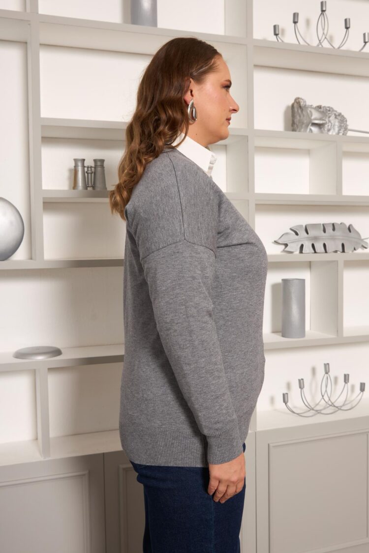 Grey Oversized Fit V-Neck Casual Sweater