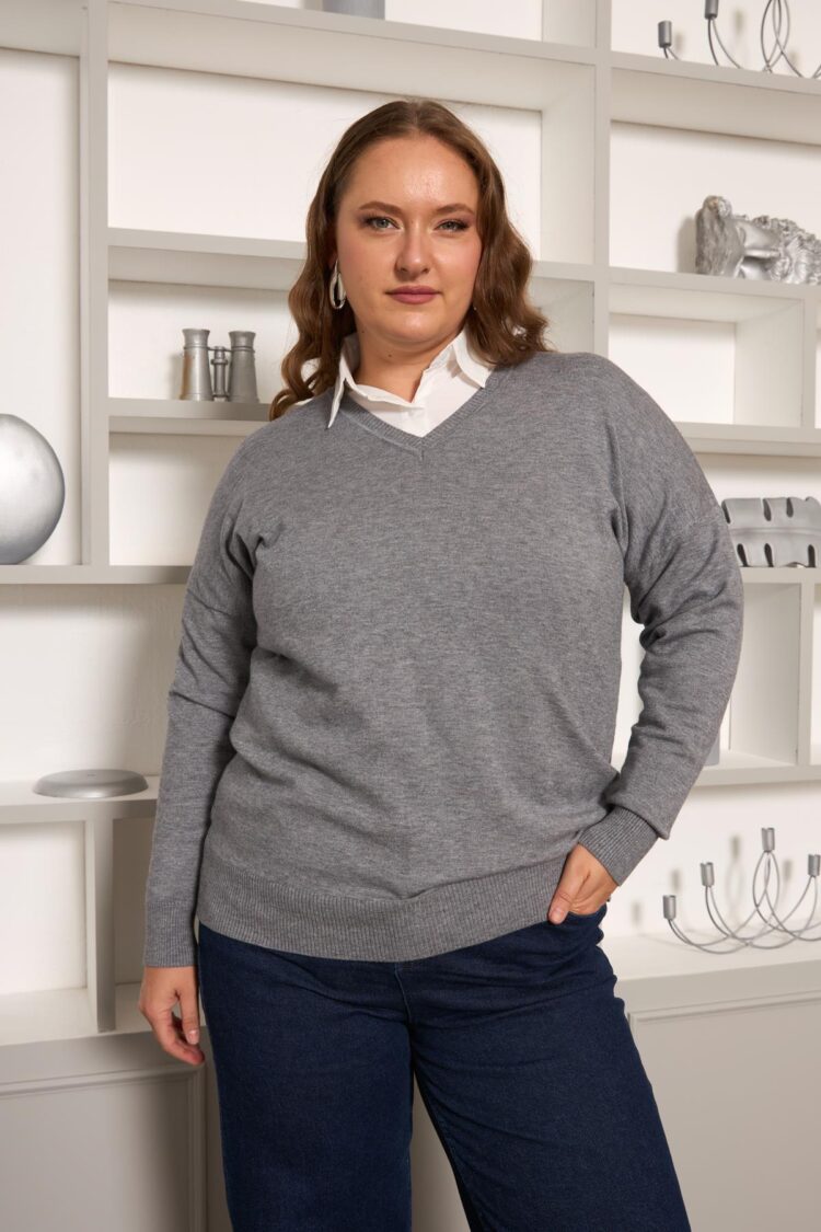 Grey Oversized Fit V-Neck Casual Sweater
