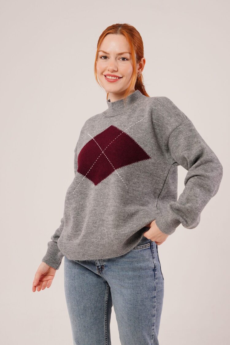 Argyle Oversized Fit Sweater With High Neck - Brand: Lustrin - Women & Kids, Baby Clothes Wholesale - Globality Store
