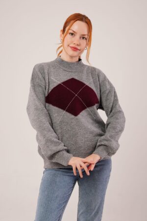 Argyle Oversized Fit Sweater With High Neck - Brand: Lustrin - Women & Kids, Baby Clothes Wholesale - Globality Store