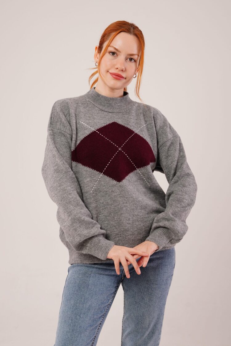 Argyle Oversized Fit Sweater With High Neck