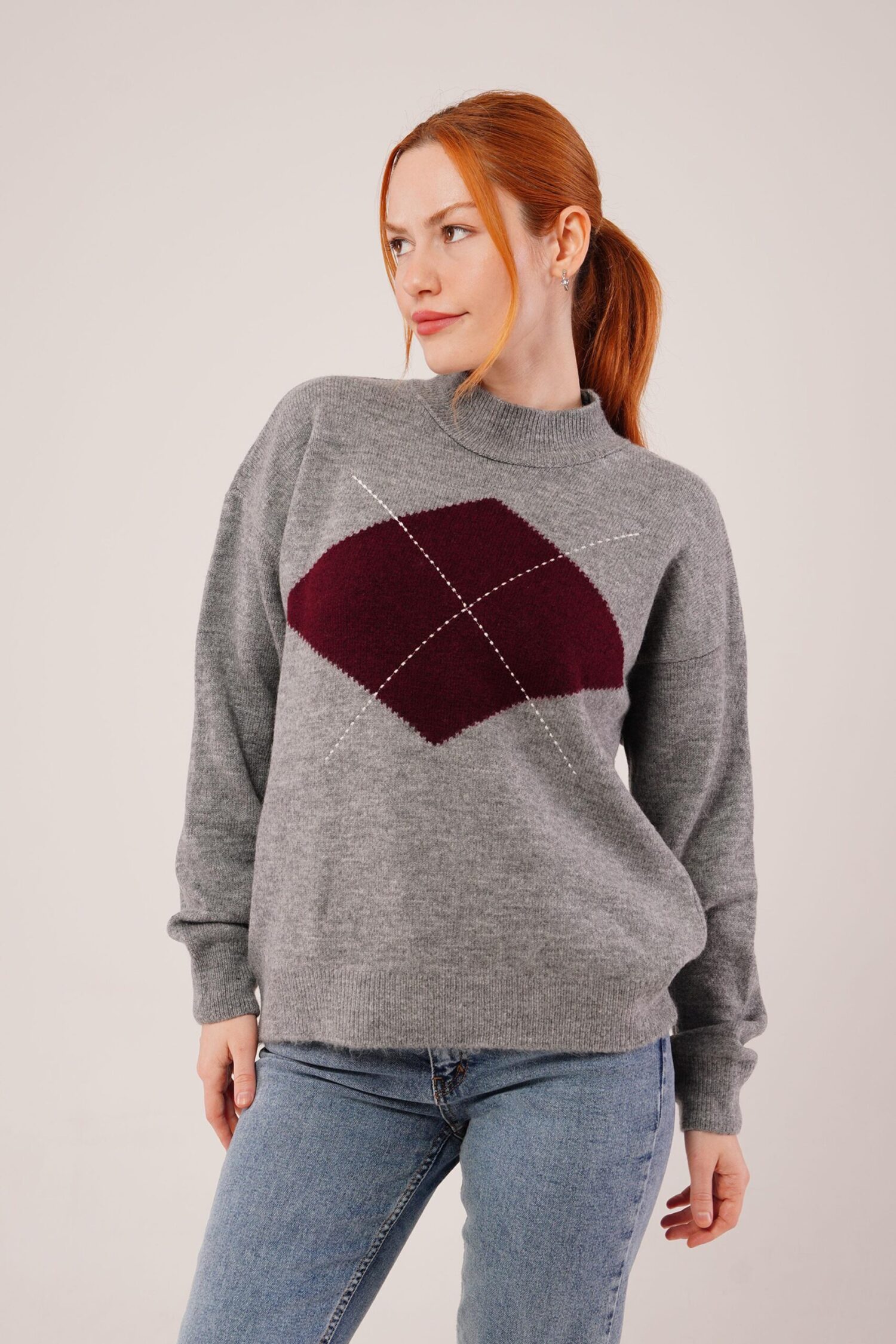 Argyle Oversized Fit Sweater With High Neck - Brand: Lustrin - Women & Kids, Baby Clothes Wholesale - Globality Store