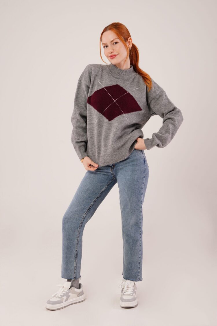 Argyle Oversized Fit Sweater With High Neck