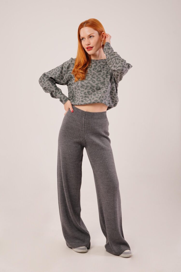 Grey Palazzo Pants With Wide Leg And Mid Waist