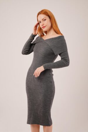 Grey Elegant Bodycon Midi Dress With Off Shoulder Neck - Brand: Lustrin - Women & Kids, Baby Clothes Wholesale - Globality Store