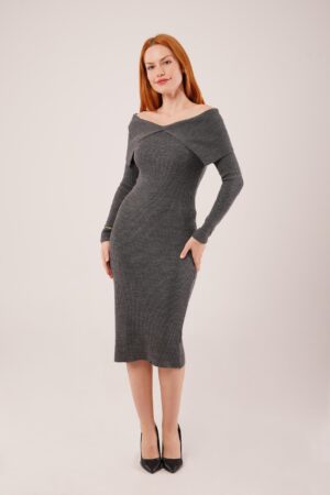 Grey Elegant Bodycon Midi Dress With Off Shoulder Neck - Brand: Lustrin - Women & Kids, Baby Clothes Wholesale - Globality Store