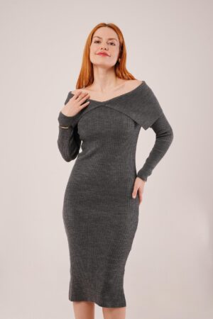 Grey Elegant Bodycon Midi Dress With Off Shoulder Neck - Brand: Lustrin - Women & Kids, Baby Clothes Wholesale - Globality Store
