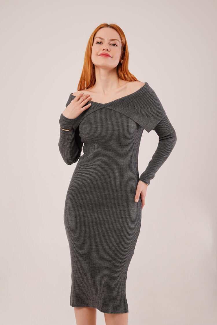 Grey Elegant Bodycon Midi Dress With Off Shoulder Neck