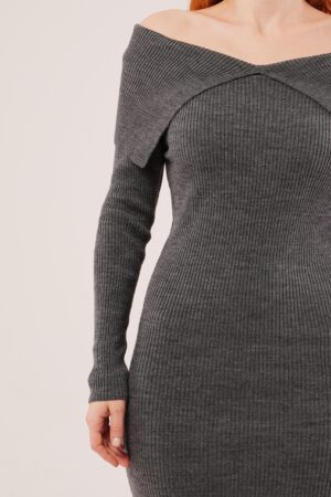Grey Elegant Bodycon Midi Dress With Off Shoulder Neck - Brand: Lustrin - Women & Kids, Baby Clothes Wholesale - Globality Store