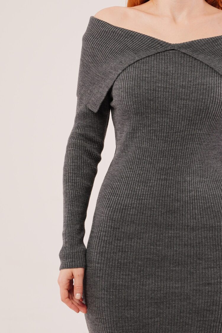 Grey Elegant Bodycon Midi Dress With Off Shoulder Neck