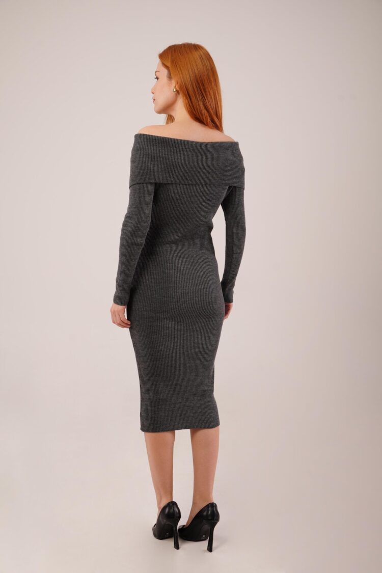Grey Elegant Bodycon Midi Dress With Off Shoulder Neck