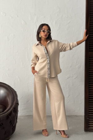 Beige Palazzo Pants With Drawstring And Slant Pockets - Brand: Topshow - Women & Kids, Baby Clothes Wholesale - Globality Store