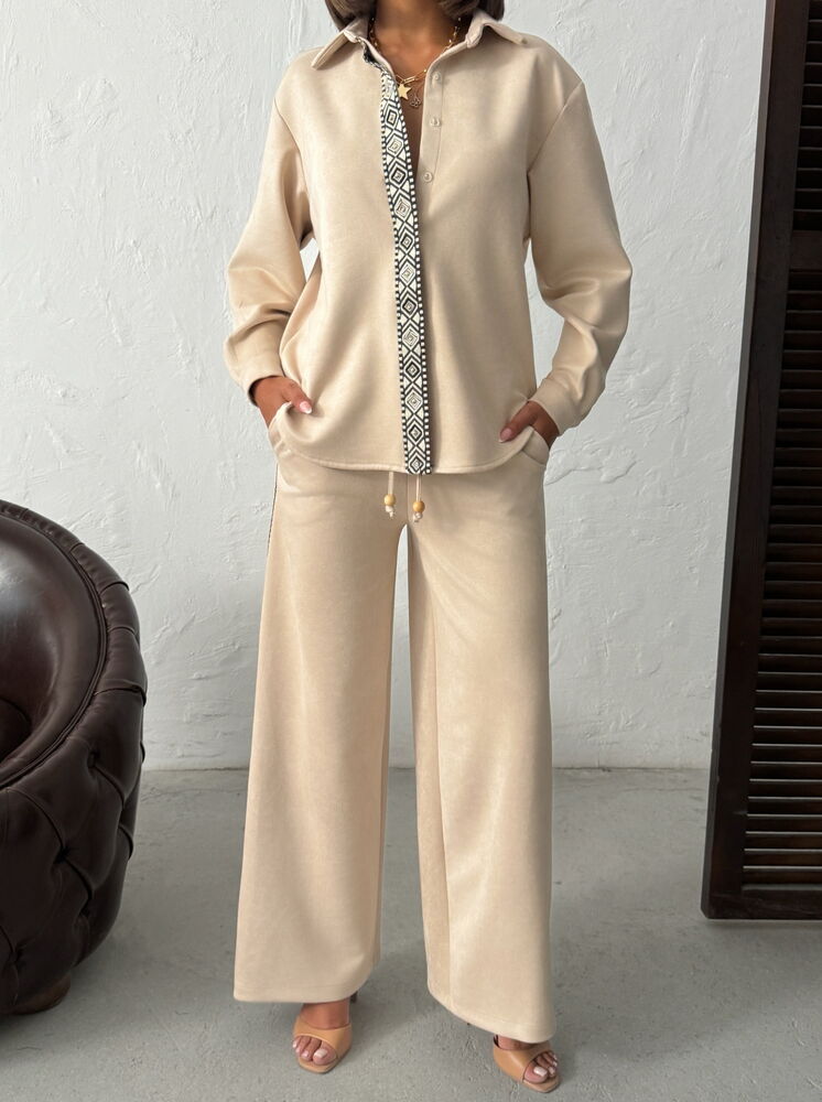 Beige Palazzo Pants With Drawstring And Slant Pockets