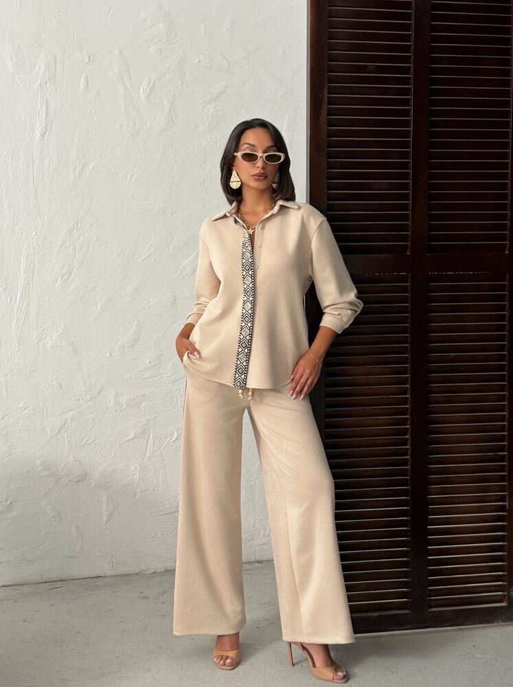 Beige Palazzo Pants With Drawstring And Slant Pockets